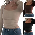 Women Low Cut U-Neck Long Sleeve Crop Top Ribbed Knit Ruched Solid Blouse Shirts
