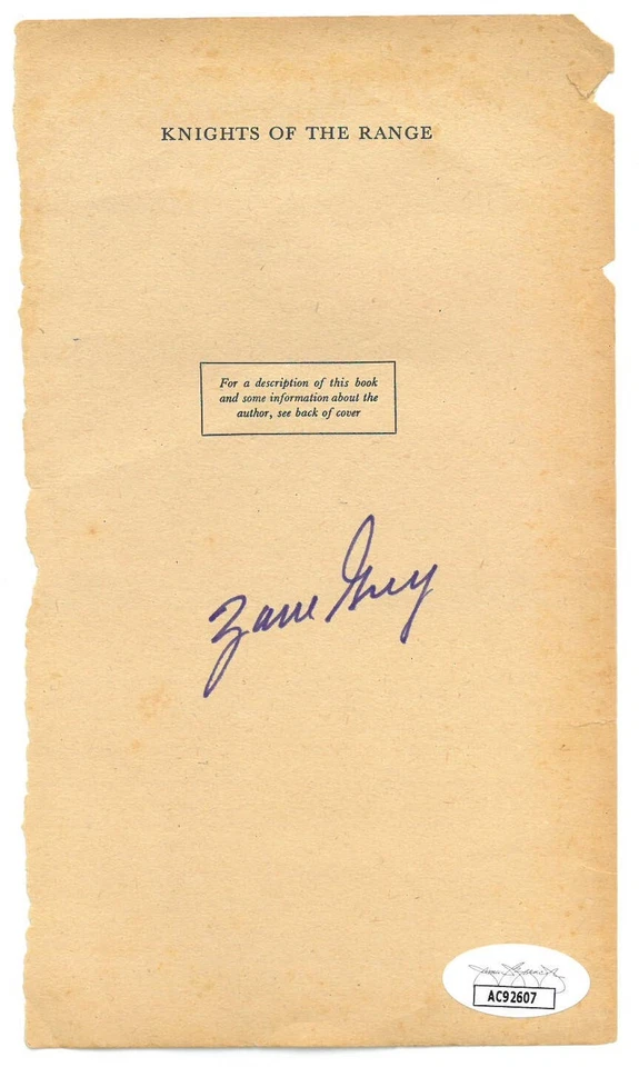 Zane Grey signed 1936 Knights Of The Range Original  4x7 Book Page– JSA #AC92607 - Image 1 of 1