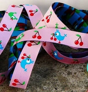 Webband Birdie von paulaPü Farbenmix Bordüre Borte 12 mm Vögel Kirschen - Picture 1 of 1