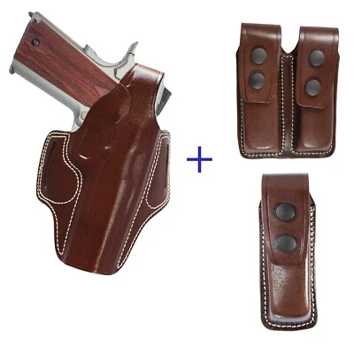 All 1911 Without Rail Leather OWB Carry Thumb Break Gun Holster With Mag Pouch - Image 1 of 4