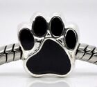 Enamel Dog Bear Paw Black European Bead Charm Silver Plated Woof Puppy