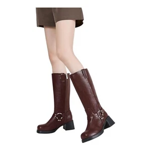 Damen Kniehohe Biker-Stiefel Eckige Zehenpartie Blockabsatz Reitstiefel Weinrot 7 Reißverschluss - Bild 1 von 5