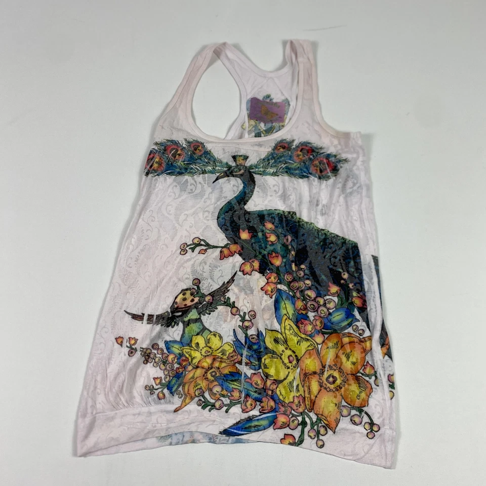 Camiseta sin mangas Butterfly Dropout para mujer talla pequeña con espalda de corredor y gráfico floral de pavo real hecha en EE. UU. Foto 1 de 4