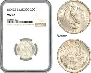 AK712, Mexico, 20 Centavos 1899 Zs Z, Zacatecas Mint, Silver, NGC MS62 - Picture 1 of 1