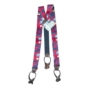 Vintage CAS Suspenders Red Blue Geometric Pattern Leather Accents Retro Grandpa - Picture 1 of 10