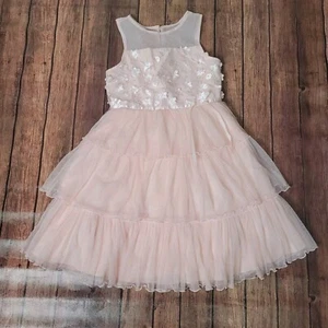 Jona Michelle Girls Dress 12 Pink Fit & Flare Sleeveless Mesh Top Floral Tiered - Picture 1 of 14