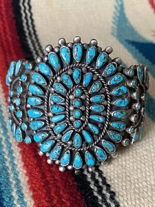 OLD PAWN Zuni Sterling Silver PETIT POINT TURQUOISE Cluster Bracelet 86.4g - Picture 1 of 24
