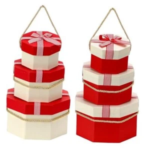 6 Pack Christmas Nesting Gift Boxes with Lid Ribbon Assorted Red and White - Picture 1 of 8