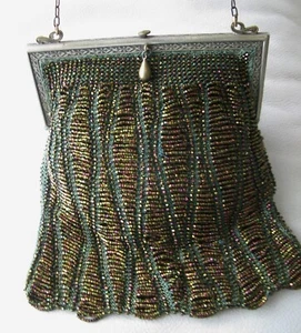 Antique Art Deco Gold Frame Green Knit Iridescent Copper Brown Bead Lined Purse - Picture 1 of 17