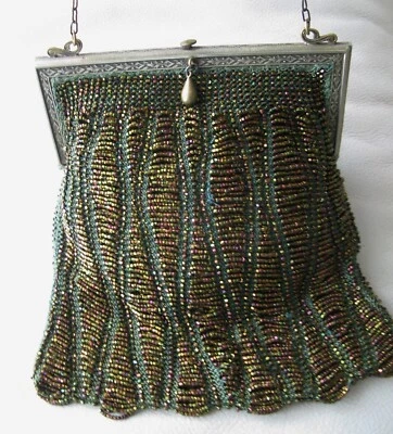 Antique Art Deco Gold Frame Green Knit Iridescent Copper Brown Bead Lined Purse - Image 1 of 4