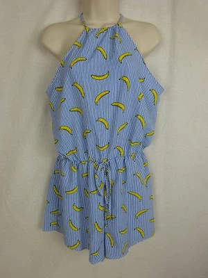 Mono a Rayas Sin Mangas Mameluco Pantalones Cortos ~ Azul y Blanco con Diseño de Plátano ~ L Foto 1 de 4