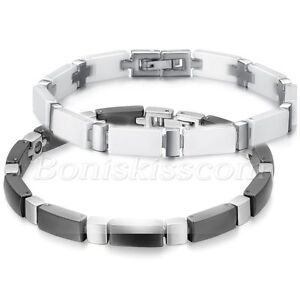 Men's Stainless Steel White/Black Ceramic Bracelet Cross Wrist Link Chain Bangle