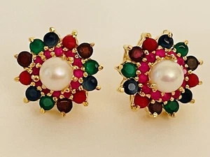 Gold Plated Faux Ruby ,Emerald, Coral, FerozaAnd Pearl Gemstone Royal Earrings - Picture 1 of 5