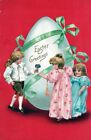 EASTER - Three Children And Huge Ribbon Wrapped Egg Postcard - 1912