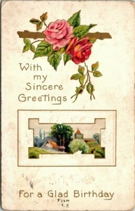 With my sincere greetings Glad Birthday roses church 1910 postcard embossed - Picture 1 of 2
