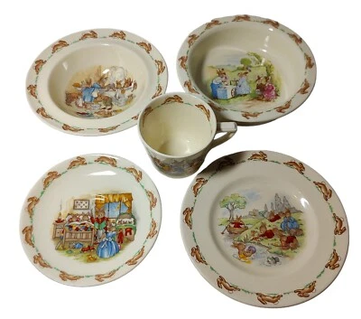 Royal Doulton Bunnykins 5 peças conjunto de bebê infantil prato duas tigelas xícara pires 1988 - Imagem 1 de 4