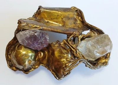 ENORME FIVELA DE CINTO VINTAGE BRUTALISTA FANTASIA NANCY LATÃO AMETISTA QUARTZO - Imagem 1 de 4