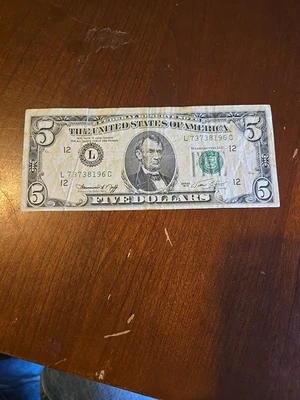 1974 $5 bill, federal reserve note gutter fold printing error - Image 1 of 4
