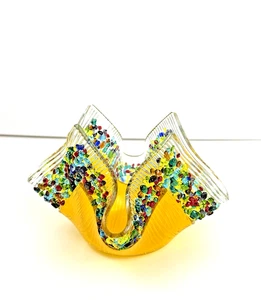Fused Art Glass Confetti Vase Multicolored Ruffled Handkerchief Votive Holder - Picture 1 of 5