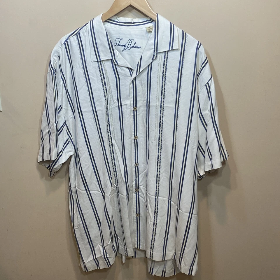 Camisa TOMMY BAHAMA Para Hombres 2XL Azul Rayas Manga Corta Abotonada Campamento Soprano T4 Foto 1 de 4