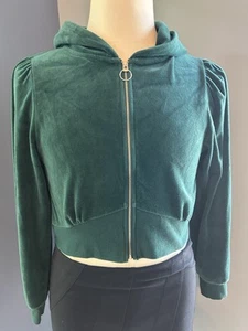 Reflex Cropped Size Medium Velour Hooded Jacket Green Long Sleeve Full Zip - Picture 1 of 7