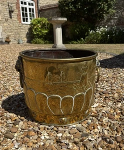 Large Antique Dutch Brass Log Basket Planter Jardiniere Lion Handles Repousse - Picture 1 of 10