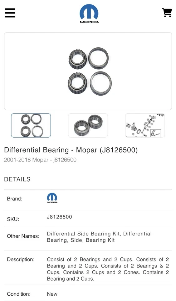 NUEVO Kit de cojinete diferencial genuino Mopar J8126500 Jeep Dodge RAM Chrysler Foto 1 de 3