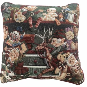 Weihnachten Gobelin Dekokissen Weihnachtsmann Werkstatt Spielzeug Elfen 15”x15” Elfe Urlaub - Bild 1 von 5