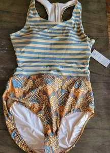 ALBION One Piece Swimsuit Dorothy Sunikini Size XXL Tan Stripe Floral Tie Zipper - Picture 1 of 7