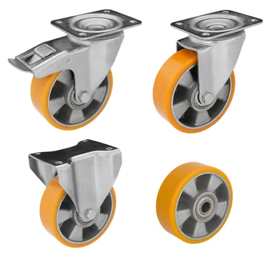 4x Schwerlastrolle Transportrolle Rad 80 100 125 Polyurethan Lenkrolle Bremse - Bild 1 von 3