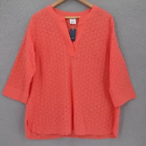 Camicia a tunica popover occhiello Land's End taglia 14 corallo trasparente collo a V cotone - Foto 1 di 8