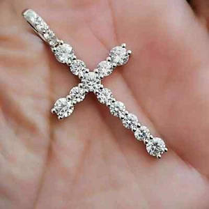 3.00Ct Round Cut Lab Created Diamond Cross Pendant In 14K White Gold Plated - Picture 1 of 5
