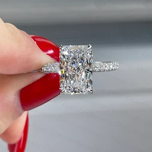 3.88TCW Radiant Real Moissanite 3-Row Pave Engagement Ring 14K White Gold Plated - Picture 1 of 7