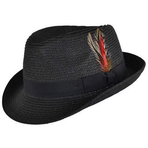 Herren Damen Schwarz Packbar Stroh Sommer Trilby Hut mit Band und Feder Neu - Bild 1 von 2