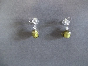 1 Pair Old Dangle Drop Glass Gold Green Murano Glass Bead 1"in Earrings - Picture 1 of 6
