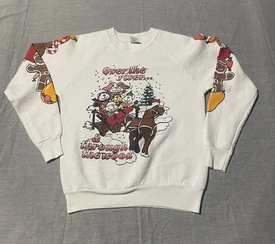 Sudadera De Colección Fruit Of The Loom Cuello Redondo EE. UU. Navidad Estampado Puff AOP Finales de los 80 Foto 1 de 4