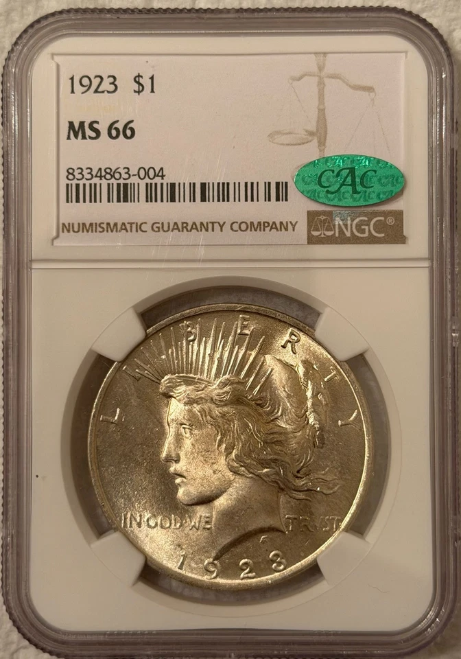 1923 Peace Dollar MS66 *NGC Classic Holder* Lustrous Coin w/ CAC Certification! - Image 1 of 2