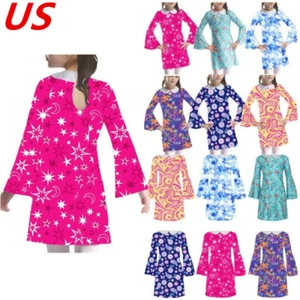 Kids Girls Hippie Disco Costume Dance Dress Halloween Party Fancy Dress Ups - Picture 1 of 63