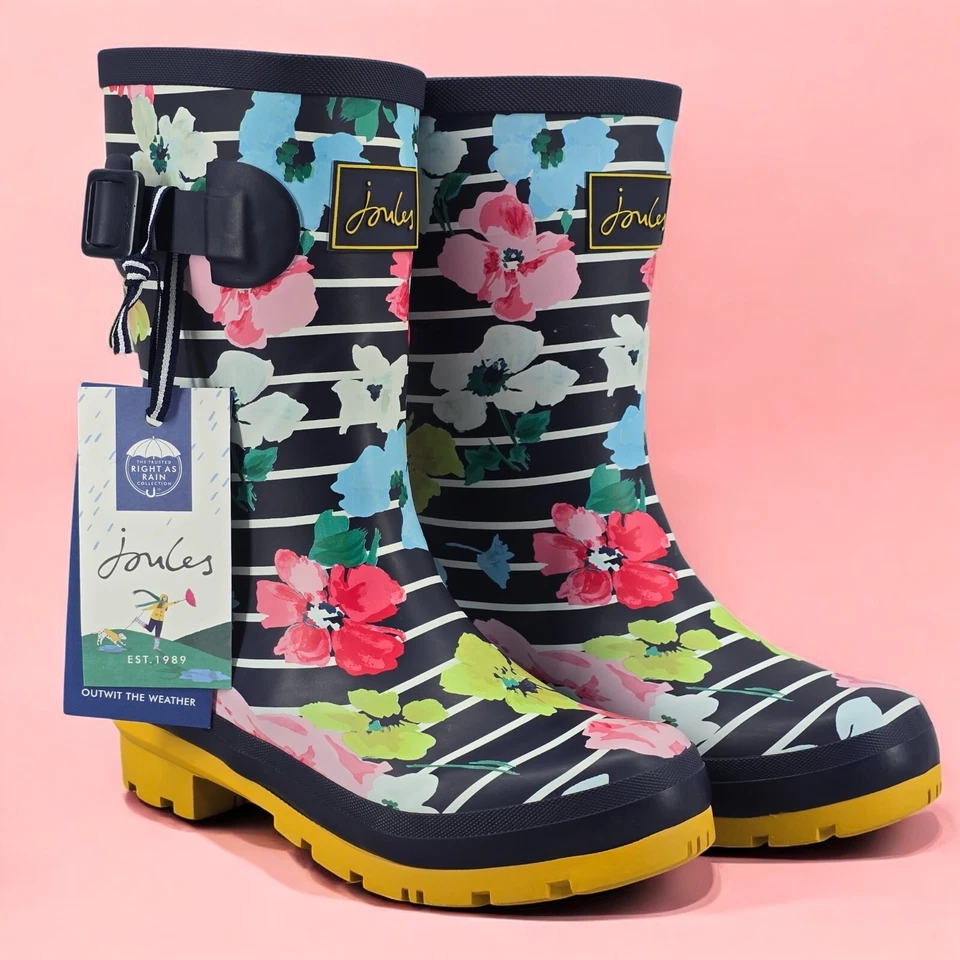 Nuevas Botas de Lluvia Joules Media Pantorrilla Molly Welly Rayas Florales Talla EE. UU.: 5 REINO UNIDO: 3 Foto 1 de 4
