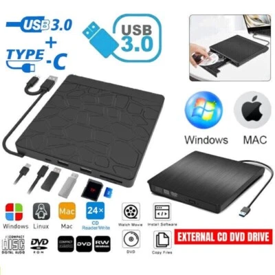 External CD DVD Drive Type C USB 3.0 Disc Player Burner Writer For PC Laptop Mac - image 1 of 4