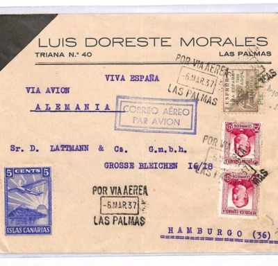 Spain LAS PALMAS Canary Islands Air Mail Cover 1937 Hamburg {samwells}YT313 - Image 1 of 4