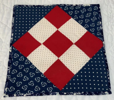 Vintage Patchwork Quilt Table Topper, Nine Patch, Early Calico Prints, Red, Navy - Image 1 of 4