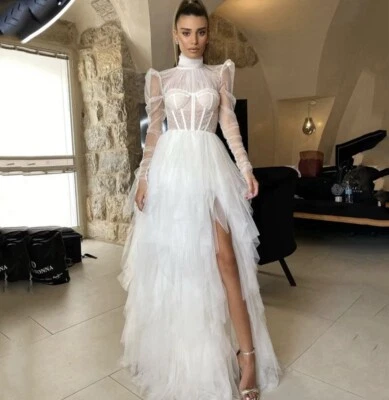 Tulle Wedding Dress High Neck Long Sleeve Bridal High Slit A-line Princess Gown - Image 1 of 4