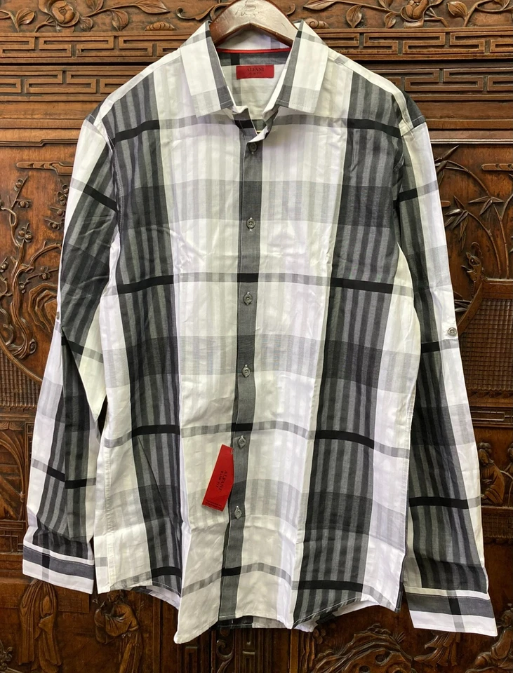 New Alfani Men's Brockton Plaid Long Sleeve Shirt, White Combo, Medium - Image 1 of 1