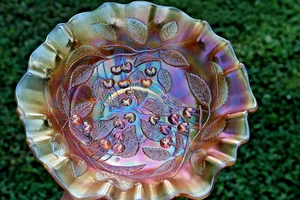 ANTIQUE MILLERSBURG HANGING CHERRIES CARNIVAL GLASS 3 IN 1 EDGE BOWL - MARIGOLD - Picture 1 of 6