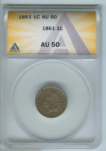 1861 Indian Head Cent Penny ANACS AU50 Certified Coin - RK089 - Picture 1 of 2