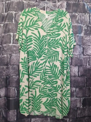 H&M Women's XL Green Beige Palm Leaf  V-neck Short Sleeve Shift Dress 38” Long - Image 1 of 4