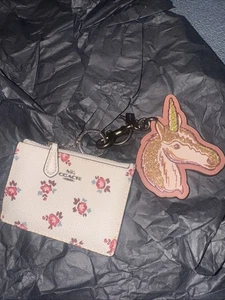 Coach NEW flower Coin Purse Wallet White With Print Unicorn Attached!  27129 - Picture 1 of 9