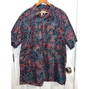 Camisa Territory Ahead Para Hombres XXL Azul Rojo Estampado Batik Manga Corta Abotonada - Imagen 1 de 4