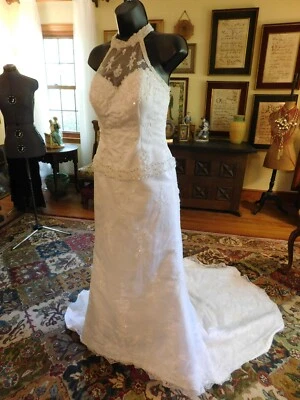 GORGEOUS WHITE SATIN & BEADED TULLE SHEATH "MARY'S" WEDDING GOWN S 4 - Image 1 of 4